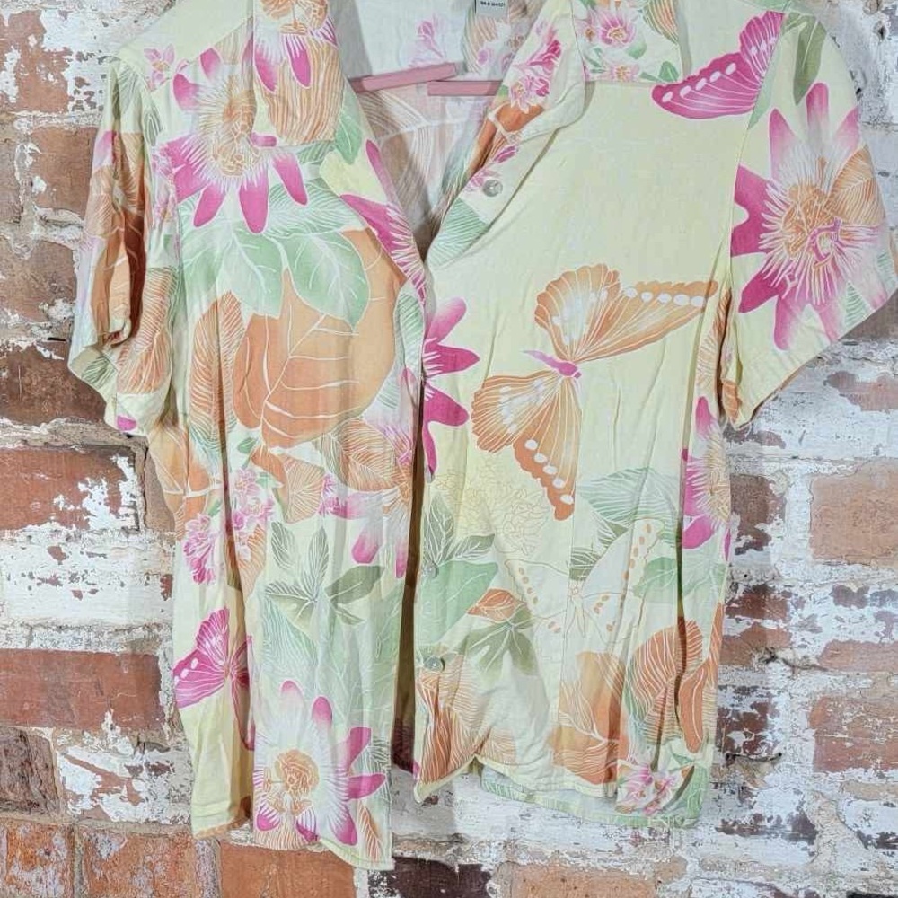 Caribbean Joe Pink and Green Relaxed Button Down Shirt Silk Blend